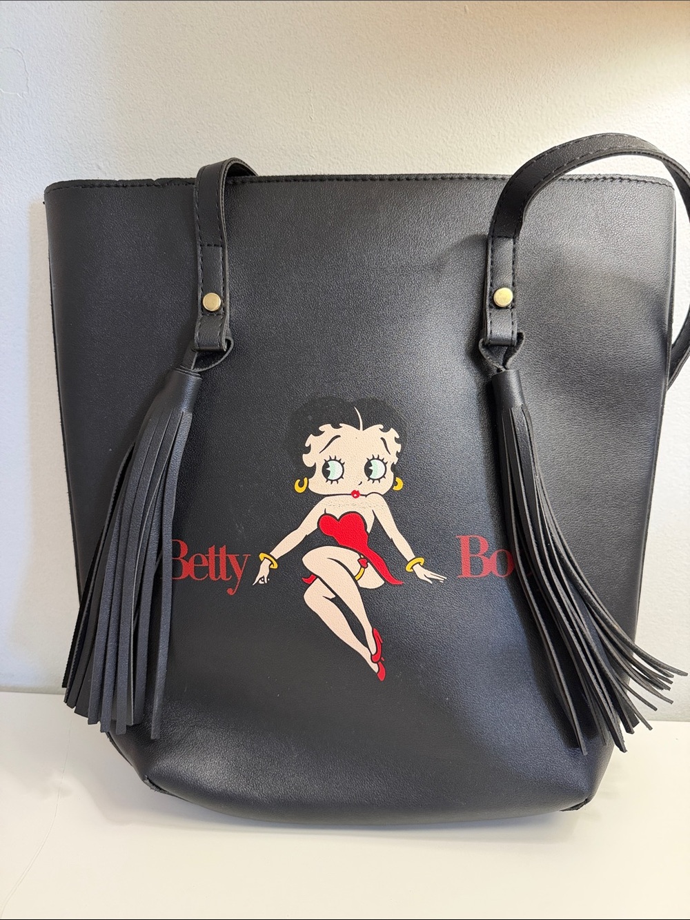Betty Boop Black Tote with Red Graphic and Tassels